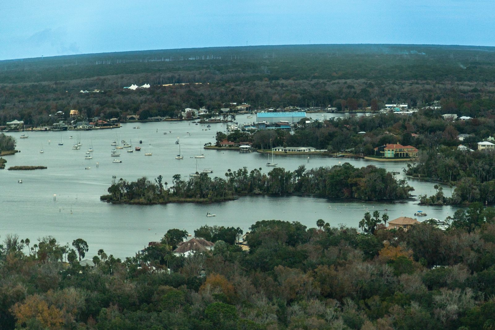 Aerial view of Kings Bay's water, islands and waterfront homes